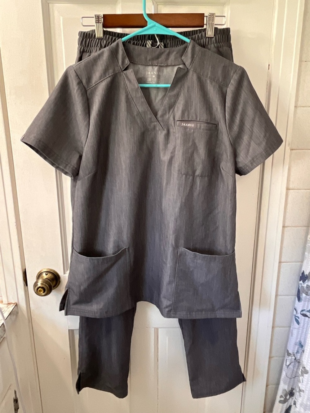 Jaanuu Gray Women's Notched V-neck Scrub Top & Classic Straight Leg Pants